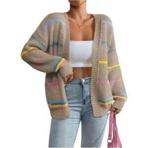 imageSHENHE Womens Open Front Colorful Striped Drop Shoulder Oversized Cardigan SweaterKhaki