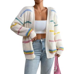 imageSHENHE Womens Open Front Colorful Striped Drop Shoulder Oversized Cardigan SweaterMulticolor