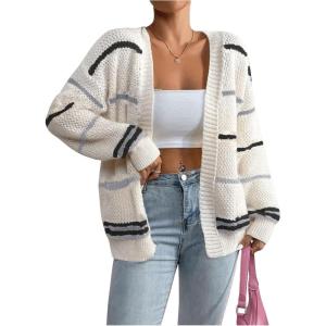 imageSHENHE Womens Open Front Colorful Striped Drop Shoulder Oversized Cardigan SweaterMulticolor Black Purple
