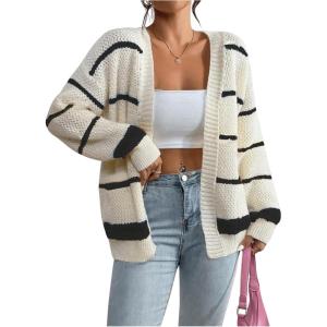 imageSHENHE Womens Open Front Colorful Striped Drop Shoulder Oversized Cardigan SweaterMulticolor Black and White