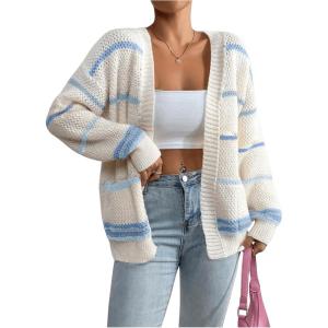 imageSHENHE Womens Open Front Colorful Striped Drop Shoulder Oversized Cardigan SweaterMulticolor Light Blue