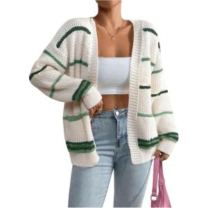 imageSHENHE Womens Open Front Colorful Striped Drop Shoulder Oversized Cardigan SweaterMulticolor White Green
