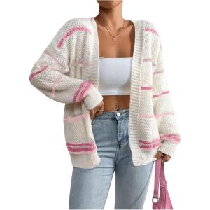 imageSHENHE Womens Open Front Colorful Striped Drop Shoulder Oversized Cardigan SweaterMulticolor White Pink