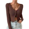 imageSHENHE Womens Ribbed Knit Button Down V Neck Lightweight Cropped Cardigan SweaterCoffe Brown