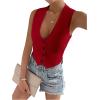 imageSHENHE Womens V Neck Sleeveless Button Down Crop Vest Top Blazer Coat Office SuitRed