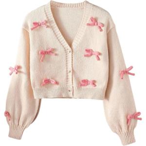 imageSHENHE Girls Bow Button Down Knitted Cardigan V Neck Loose Cute Crop Sweater OutwearApricot