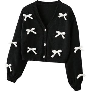 imageSHENHE Girls Bow Button Down Knitted Cardigan V Neck Loose Cute Crop Sweater OutwearBlack