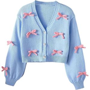 imageSHENHE Girls Bow Button Down Knitted Cardigan V Neck Loose Cute Crop Sweater OutwearBlue