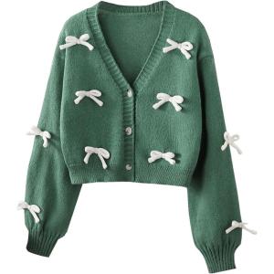imageSHENHE Girls Bow Button Down Knitted Cardigan V Neck Loose Cute Crop Sweater OutwearDark Green