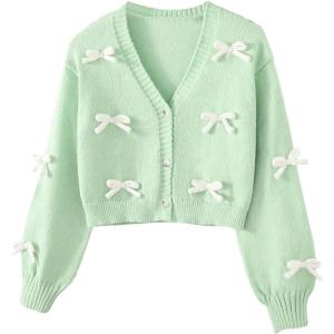 imageSHENHE Girls Bow Button Down Knitted Cardigan V Neck Loose Cute Crop Sweater OutwearGreen