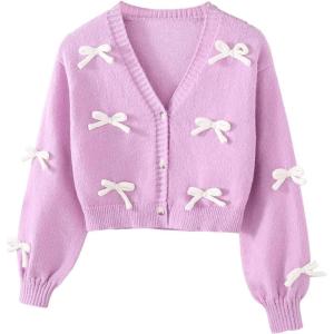 imageSHENHE Girls Bow Button Down Knitted Cardigan V Neck Loose Cute Crop Sweater OutwearMauve Purple