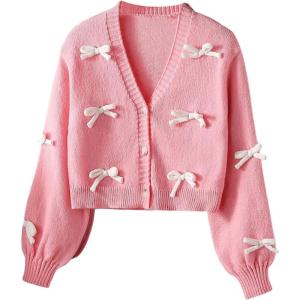 imageSHENHE Girls Bow Button Down Knitted Cardigan V Neck Loose Cute Crop Sweater OutwearPink