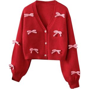imageSHENHE Girls Bow Button Down Knitted Cardigan V Neck Loose Cute Crop Sweater OutwearRed