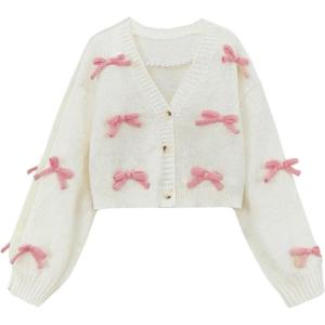 imageSHENHE Girls Bow Button Down Knitted Cardigan V Neck Loose Cute Crop Sweater OutwearWhite