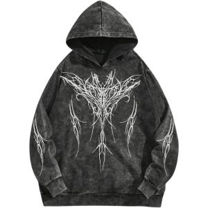 imageSHENHE Mens Washed Graphic Hoodie Long Sleeve Loose Goth Hooded Sweatshirt Streetwear Black Small