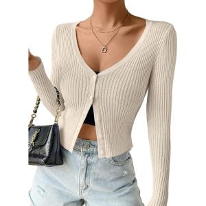 imageSHENHE Womens Ribbed Knit Button Down V Neck Lightweight Cropped Cardigan SweaterApricot