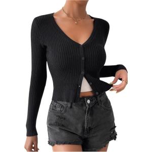imageSHENHE Womens Ribbed Knit Button Down V Neck Lightweight Cropped Cardigan SweaterBlack