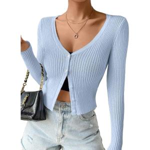 imageSHENHE Womens Ribbed Knit Button Down V Neck Lightweight Cropped Cardigan SweaterBlue B