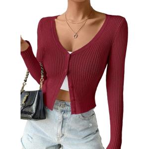 imageSHENHE Womens Ribbed Knit Button Down V Neck Lightweight Cropped Cardigan SweaterBurgundy