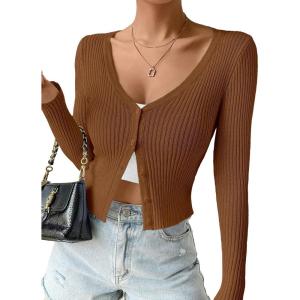 imageSHENHE Womens Ribbed Knit Button Down V Neck Lightweight Cropped Cardigan SweaterChocolate Brown