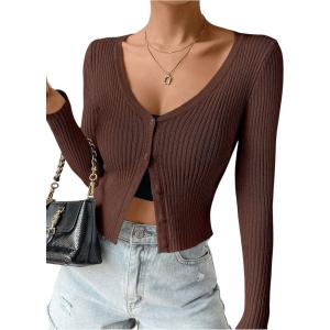 imageSHENHE Womens Ribbed Knit Button Down V Neck Lightweight Cropped Cardigan SweaterCoffe Brown