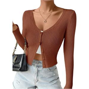 imageSHENHE Womens Ribbed Knit Button Down V Neck Lightweight Cropped Cardigan SweaterCoffee Brown
