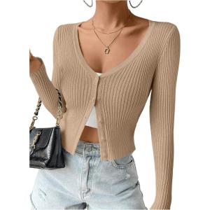 imageSHENHE Womens Ribbed Knit Button Down V Neck Lightweight Cropped Cardigan SweaterDark Apricot