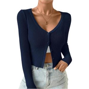imageSHENHE Womens Ribbed Knit Button Down V Neck Lightweight Cropped Cardigan SweaterDark Blue