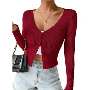 imageSHENHE Womens Ribbed Knit Button Down V Neck Lightweight Cropped Cardigan SweaterDark Red
