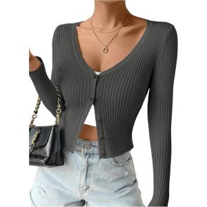 imageSHENHE Womens Ribbed Knit Button Down V Neck Lightweight Cropped Cardigan SweaterDeep Grey