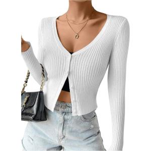 imageSHENHE Womens Ribbed Knit Button Down V Neck Lightweight Cropped Cardigan SweaterWhite