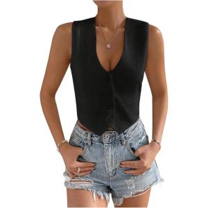 imageSHENHE Womens V Neck Sleeveless Button Down Crop Vest Top Blazer Coat Office SuitBlack