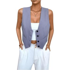 imageSHENHE Womens V Neck Sleeveless Button Down Crop Vest Top Blazer Coat Office SuitBlue