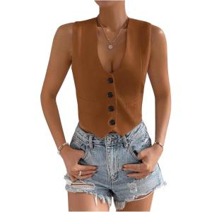 imageSHENHE Womens V Neck Sleeveless Button Down Crop Vest Top Blazer Coat Office SuitBrown