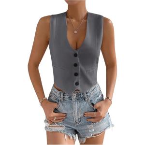imageSHENHE Womens V Neck Sleeveless Button Down Crop Vest Top Blazer Coat Office SuitDark Grey