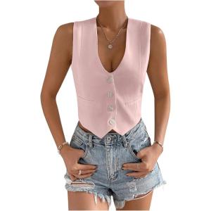 imageSHENHE Womens V Neck Sleeveless Button Down Crop Vest Top Blazer Coat Office SuitPink