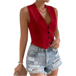 imageSHENHE Womens V Neck Sleeveless Button Down Crop Vest Top Blazer Coat Office SuitRed