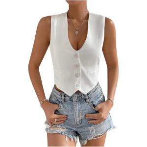 imageSHENHE Womens V Neck Sleeveless Button Down Crop Vest Top Blazer Coat Office SuitWhite