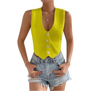imageSHENHE Womens V Neck Sleeveless Button Down Crop Vest Top Blazer Coat Office SuitYellow