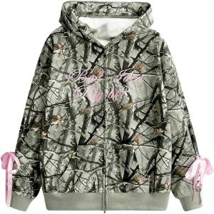 imageSHENHE Womens Zip Up Camo Hoodie Y2k Vintage Ribbon Bow Graphic Sweatshirt JacketArmy Green
