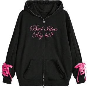 imageSHENHE Womens Zip Up Camo Hoodie Y2k Vintage Ribbon Bow Graphic Sweatshirt JacketBlack