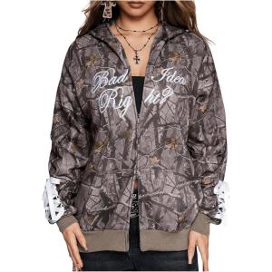 imageSHENHE Womens Zip Up Camo Hoodie Y2k Vintage Ribbon Bow Graphic Sweatshirt JacketBrown