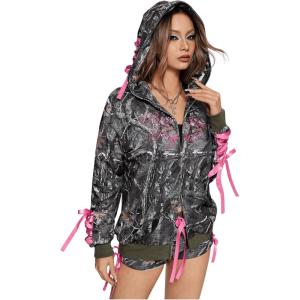 imageSHENHE Womens Zip Up Camo Hoodie Y2k Vintage Ribbon Bow Graphic Sweatshirt JacketDark Green