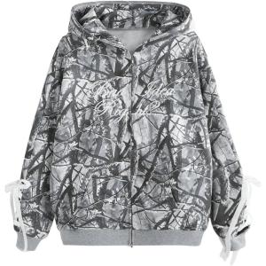 imageSHENHE Womens Zip Up Camo Hoodie Y2k Vintage Ribbon Bow Graphic Sweatshirt JacketGrey