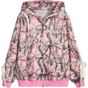 imageSHENHE Womens Zip Up Camo Hoodie Y2k Vintage Ribbon Bow Graphic Sweatshirt JacketPink