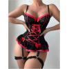 imageSHENHE Womens Lace Up Bowknot Ruffle Lace Corset Top with Thong Lingerie Garter SetBlack and Red