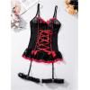 imageSHENHE Womens Lace Up Bowknot Ruffle Lace Corset Top with Thong Lingerie Garter SetBlack and Red