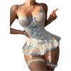 imageSHENHE Womens Lace Up Bowknot Ruffle Lace Corset Top with Thong Lingerie Garter SetBlue White