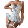imageSHENHE Womens Lace Up Bowknot Ruffle Lace Corset Top with Thong Lingerie Garter SetBlue White