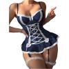 imageSHENHE Womens Lace Up Bowknot Ruffle Lace Corset Top with Thong Lingerie Garter SetDark Blue